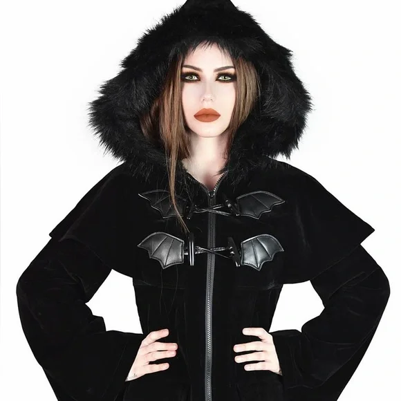 Killstar night fever bat black winter coat with hood size Large brand new - Picture 2 of 7